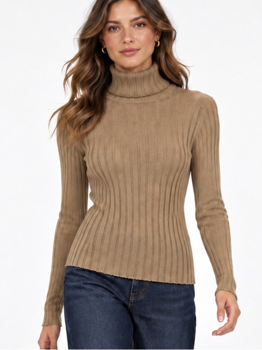JACOB Camel Taupe Ribbed Cotton Turtleneck Sweater XL